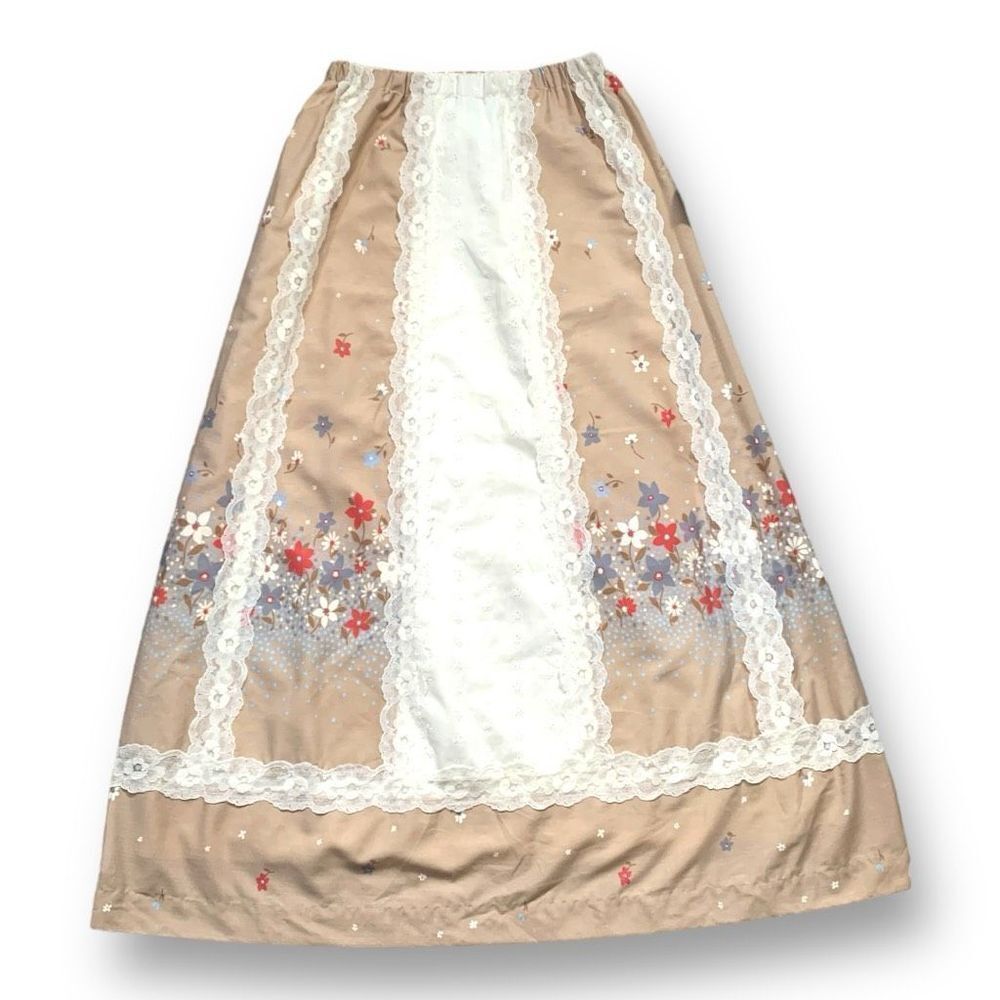 Vintage Beige Floral Maxi Skirt with White Lace Panels
